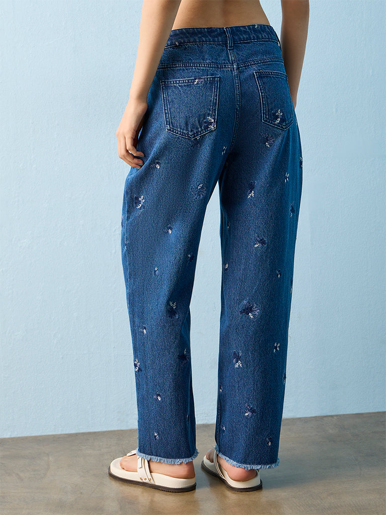 Bombay Paisley Mid Blue Floral Embroidered High-Rise Jeans