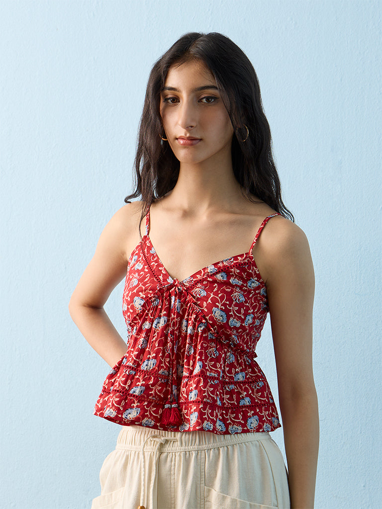 Bombay Paisley Red Floral Pattern Cotton Top