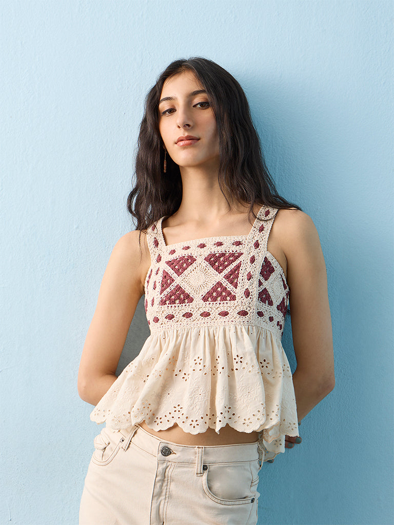 Bombay Paisley Off-White Crochet Embroidered Peplum Cotton Top