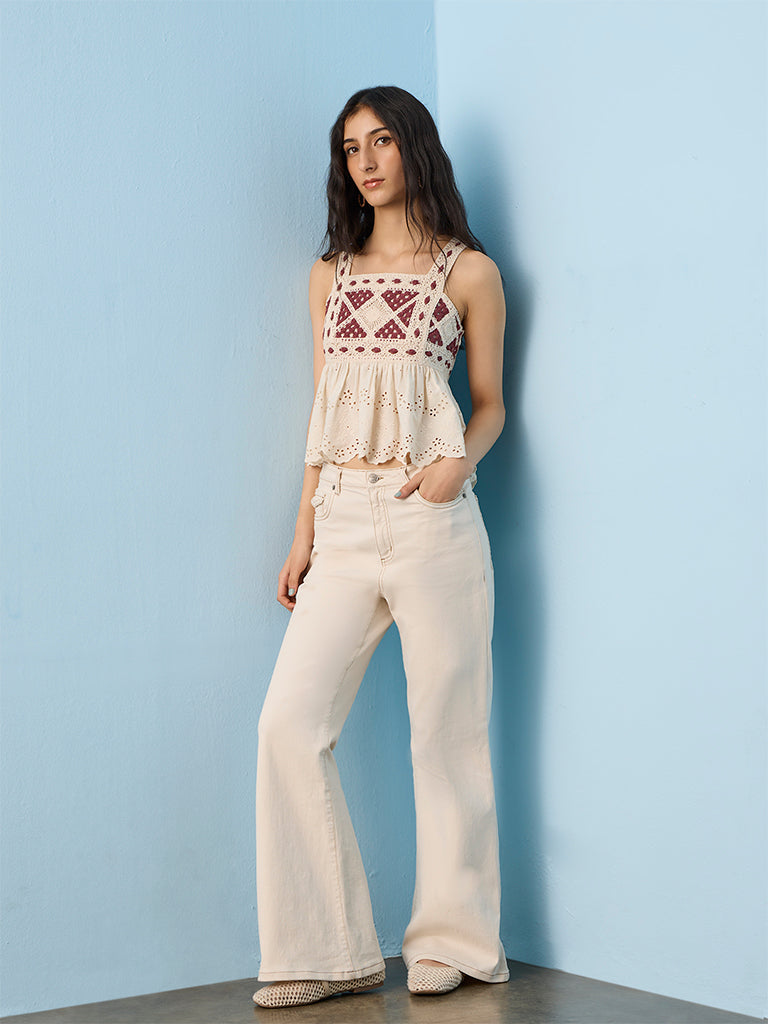 Bombay Paisley Off-White Crochet Embroidered Peplum Cotton Top