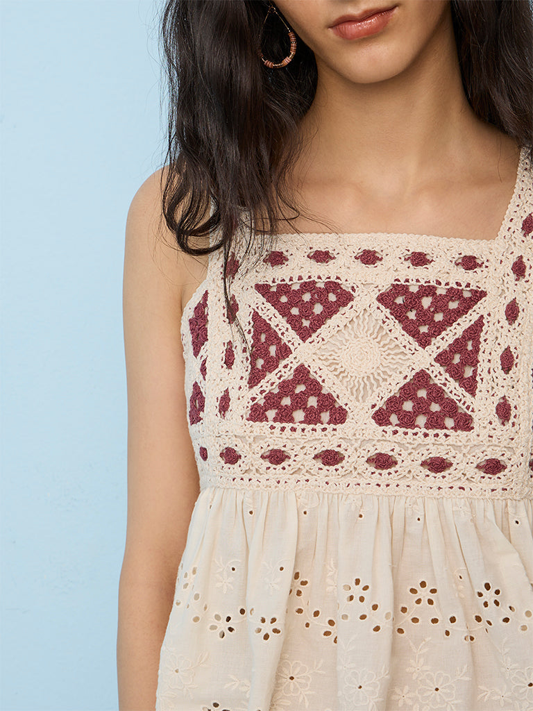 Bombay Paisley Off-White Crochet Embroidered Peplum Cotton Top