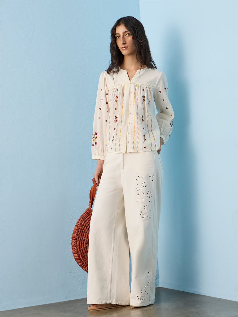 Bombay Paisley Off-White Floral Embroidered Cotton Blouse
