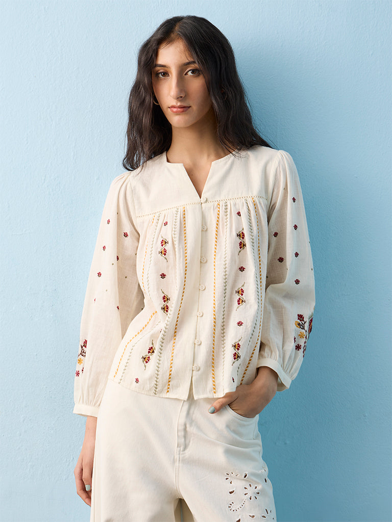 Bombay Paisley Off-White Floral Embroidered Cotton Blouse