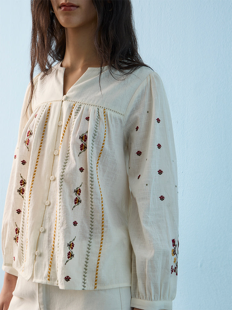 Bombay Paisley Off-White Floral Embroidered Cotton Blouse