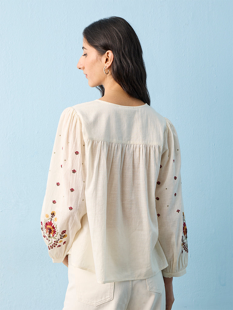 Bombay Paisley Off-White Floral Embroidered Cotton Blouse