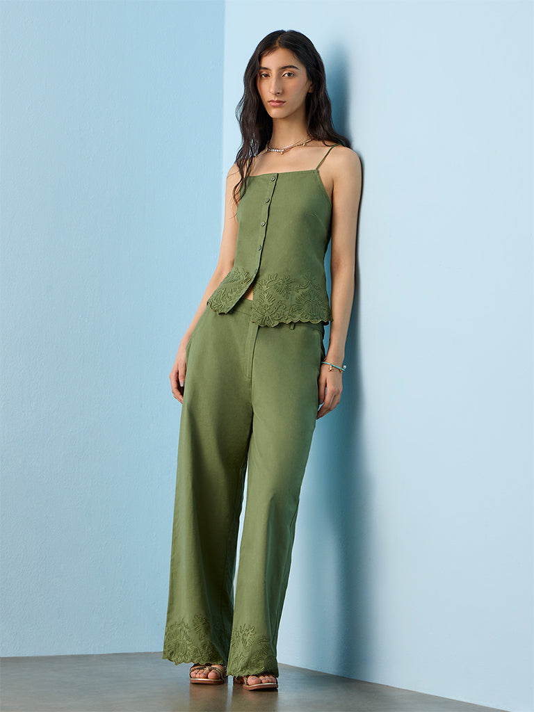 Bombay Paisley Green Embroidered Cotton-Blend Top