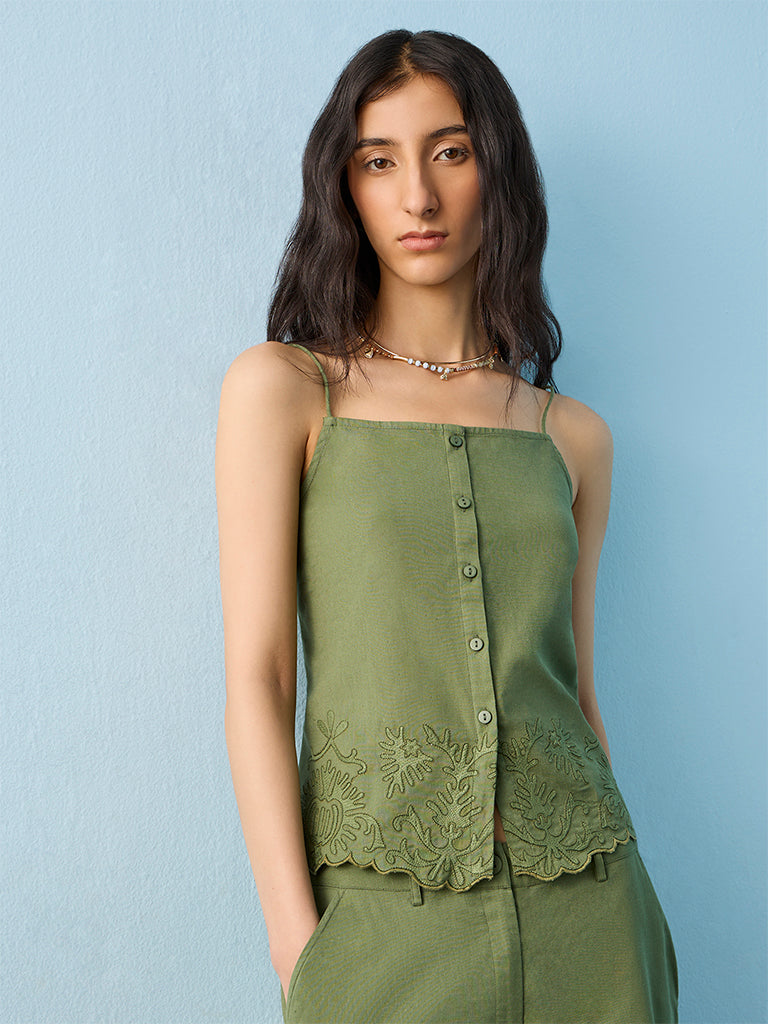 Bombay Paisley Green Embroidered Cotton-Blend Top