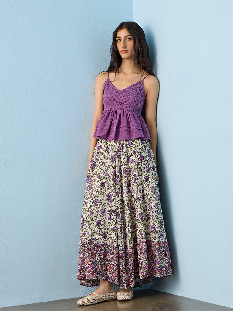 Bombay Paisley Purple Crochet Peplum Cotton Top