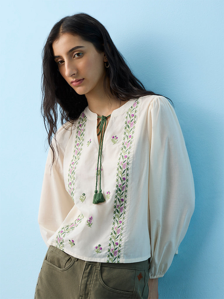Bombay Paisley White Floral Embroidered Cotton Blouse