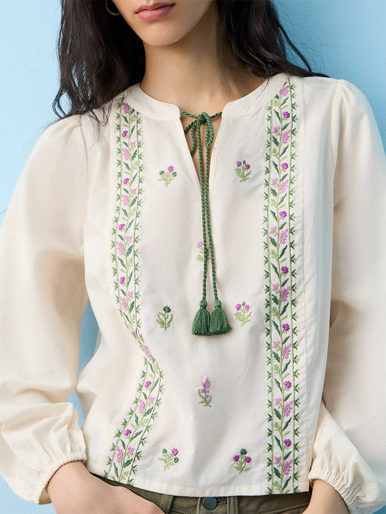 Bombay Paisley White Floral Embroidered Cotton Blouse