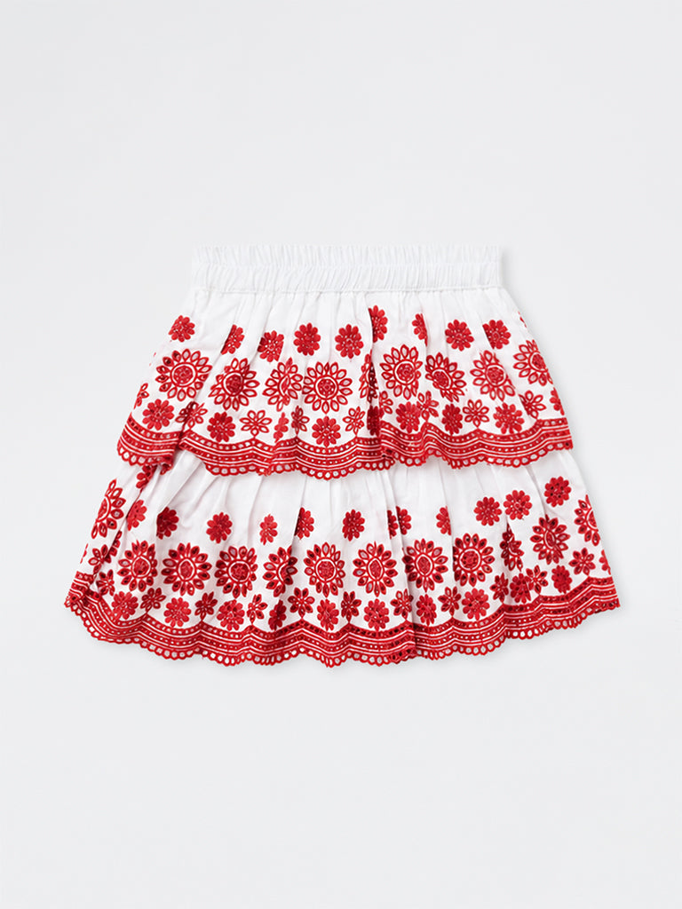 Utsa Kids Girls White Floral Embroidered Cotton Tiered Skirt - (2 - 8 yrs)
