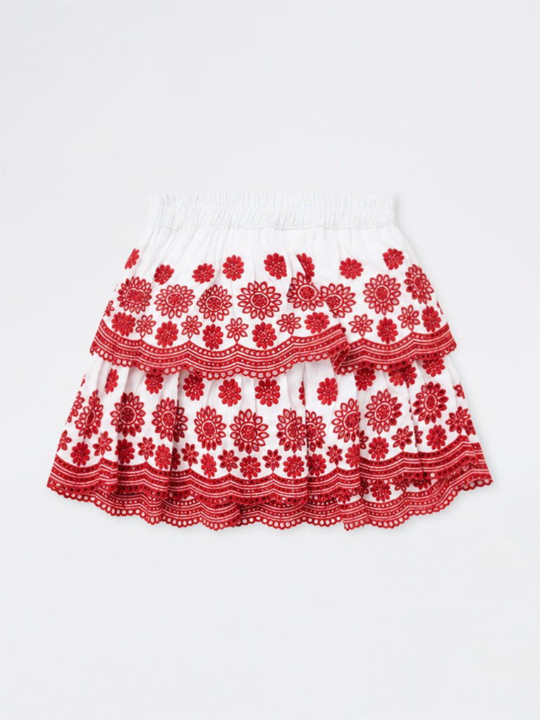 Utsa Kids Girls White Floral Embroidered Cotton Tiered Skirt - (2 - 8 yrs)