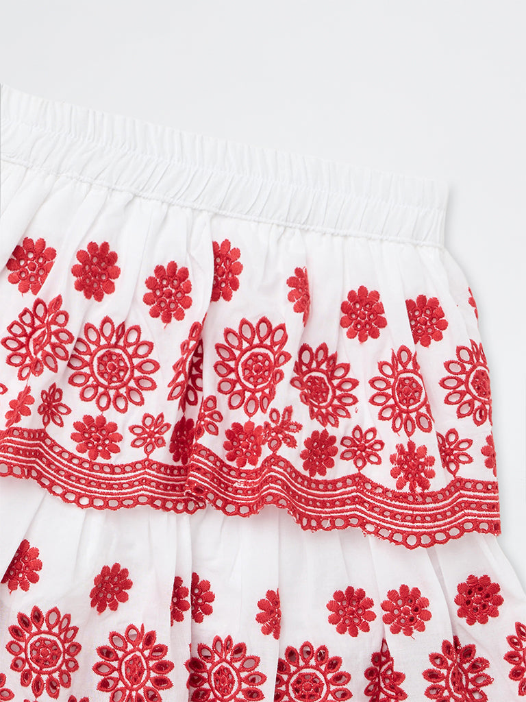 Utsa Kids Girls White Floral Embroidered Cotton Tiered Skirt - (2 - 8 yrs)