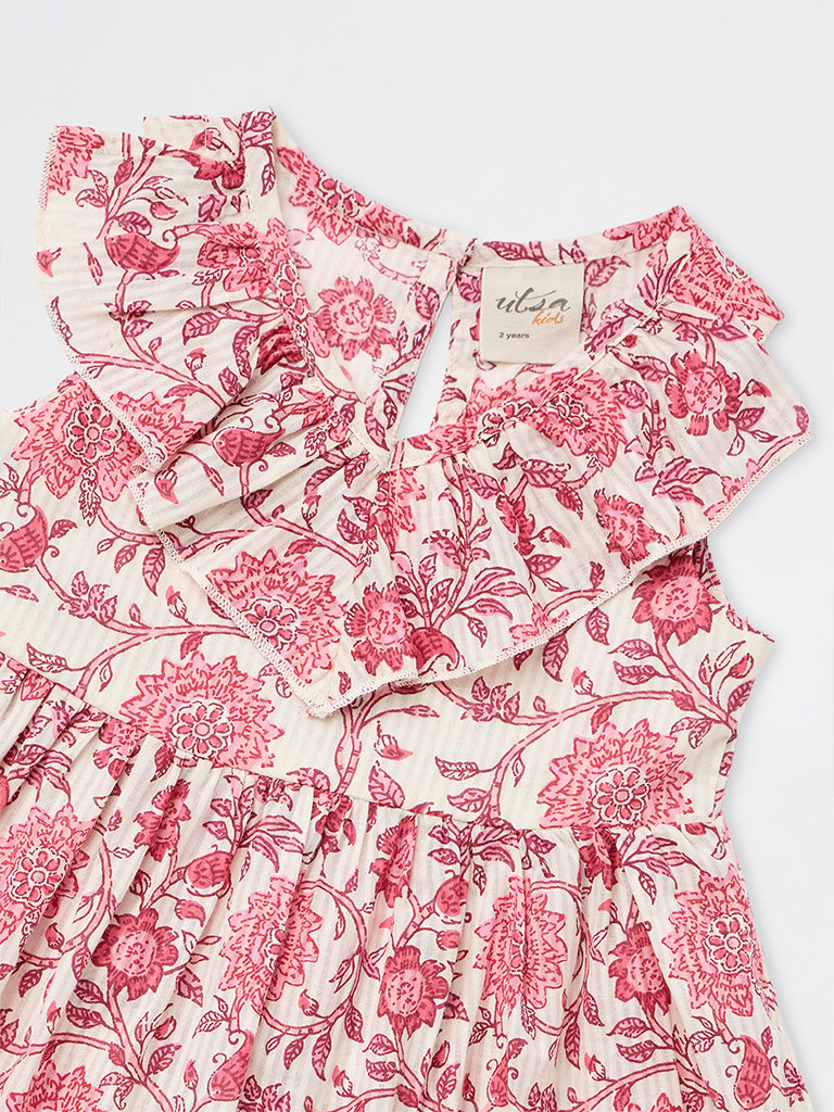 Utsa Kids Girls Pink Floral Printed Cotton A-Line Dress - (2 - 8 yrs)