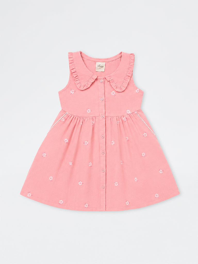Utsa Kids Girls Pink Floral Embroidered Cotton-Blend A-Line Dress - (2-8 yrs)