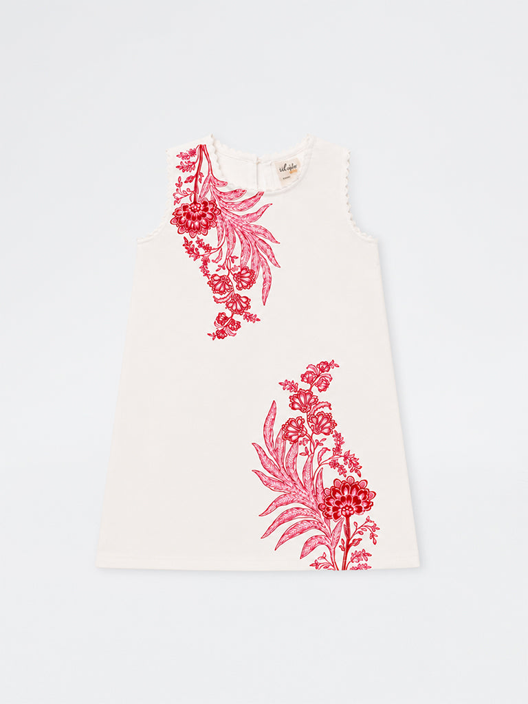 Utsa Kids Girls White Floral Printed Cotton-Blend Shift Dress - (2-8 yrs)