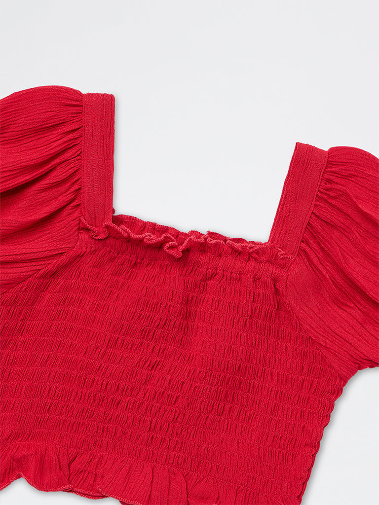 Utsa Kids Girls Red Smocked Top - (2 - 8 yrs)