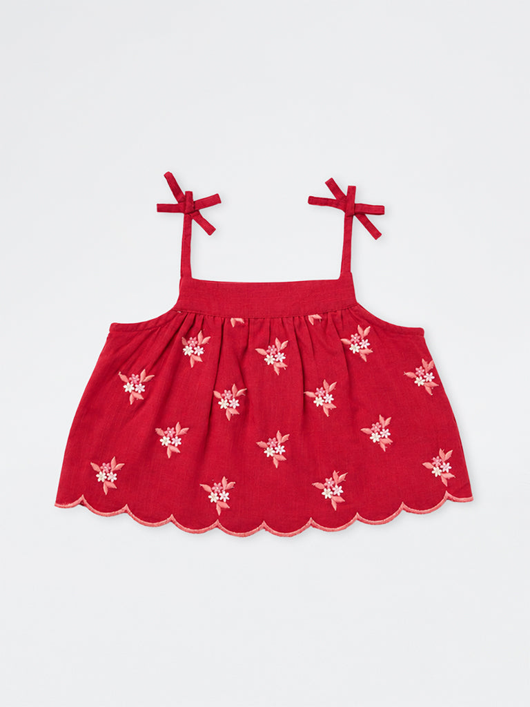 Utsa Kids Girls Red Floral Embroidered Cotton Top - (2-8 yrs)