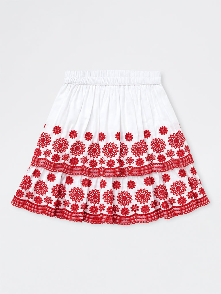 Utsa Kids Girls White Floral Embroidered Cotton Tiered Skirt - (8 - 14 yrs)