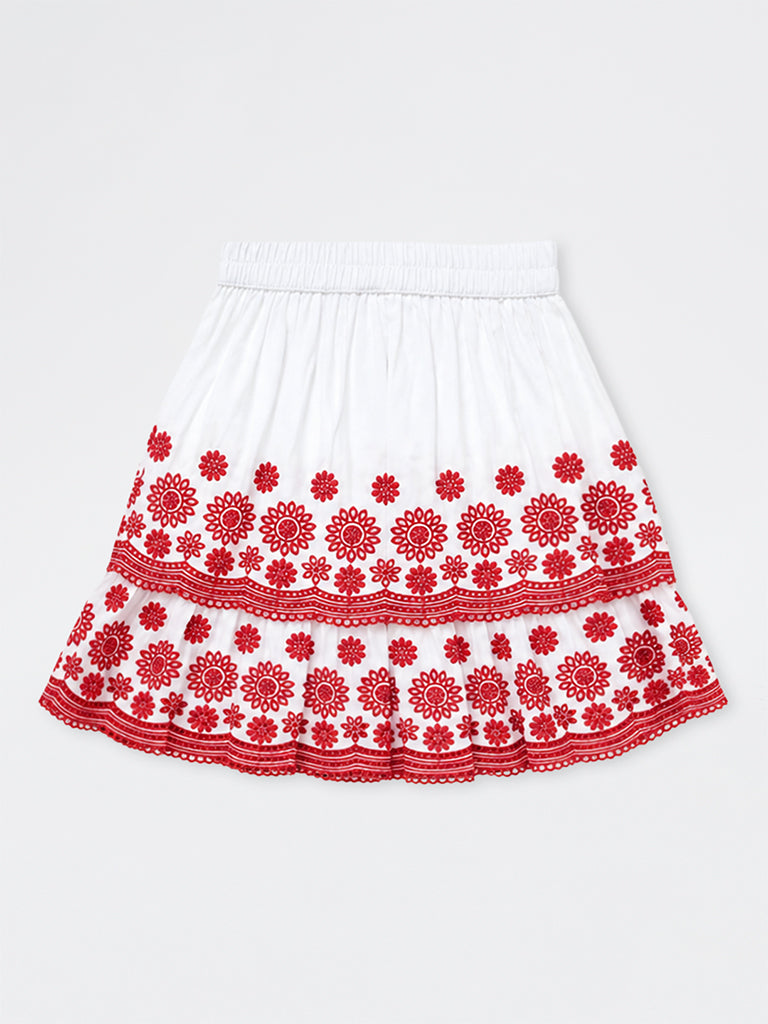 Utsa Kids Girls White Floral Embroidered Cotton Tiered Skirt - (8 - 14 yrs)