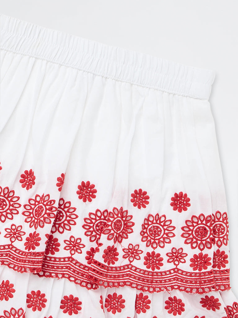 Utsa Kids Girls White Floral Embroidered Cotton Tiered Skirt - (8 - 14 yrs)