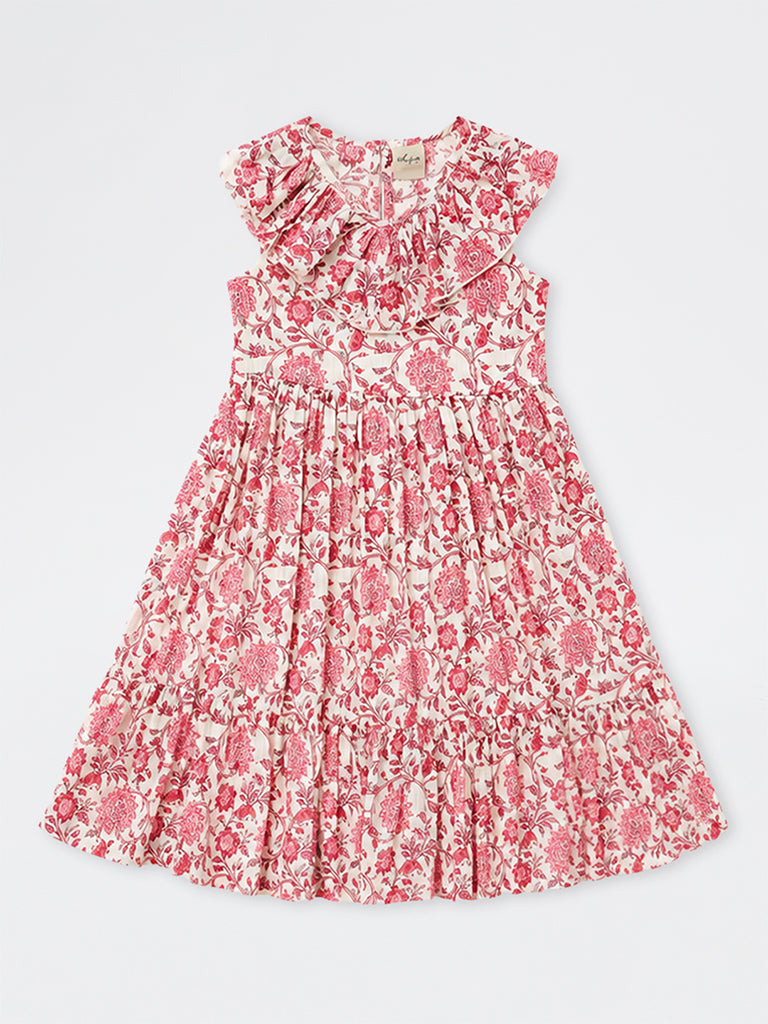 Utsa Kids Girls Pink Floral Printed Cotton A-Line Dress - (8 - 14 yrs)