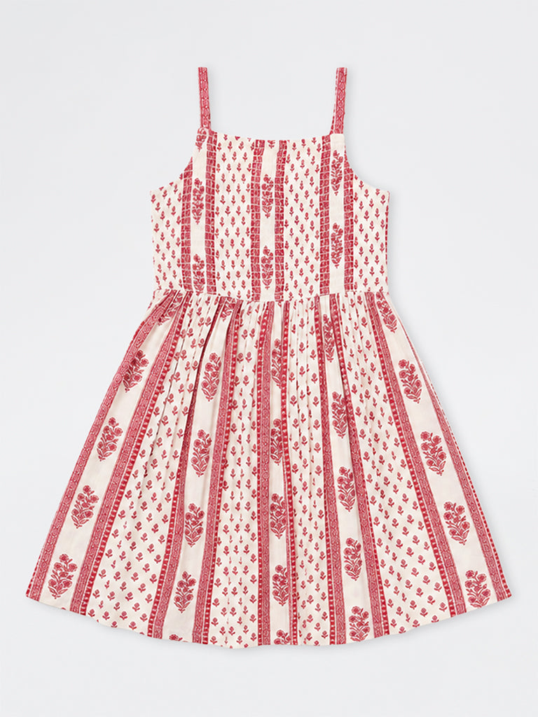Utsa Kids Girls Off-White Striped Floral Printed A-Line Dress - (2 - 8 yrs)
