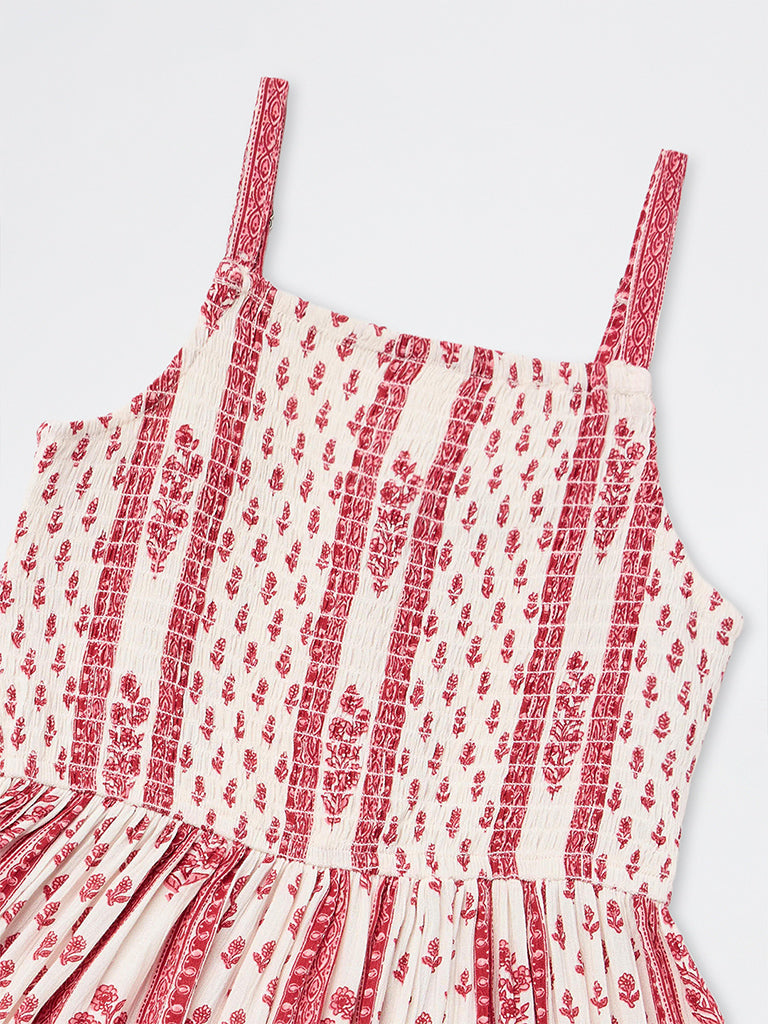 Utsa Kids Girls Off-White Striped Floral Printed A-Line Dress - (2 - 8 yrs)