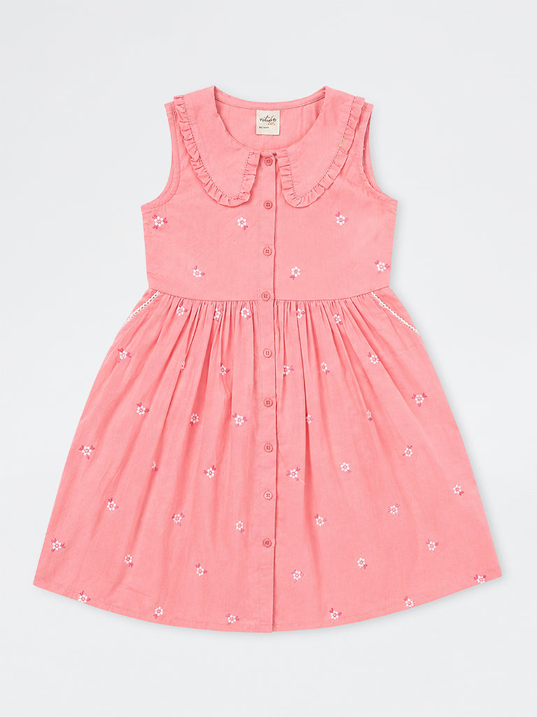 Utsa Kids Girls Pink Floral Embroidered Cotton-Blend A-Line Dress -(8-14 yrs)