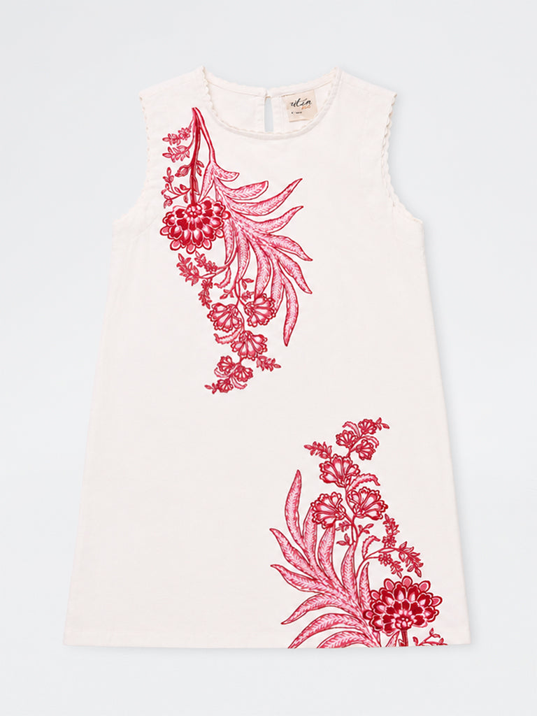 Utsa Kids Girls White Floral Printed Cotton-Blend Shift Dress - (8-14 yrs)