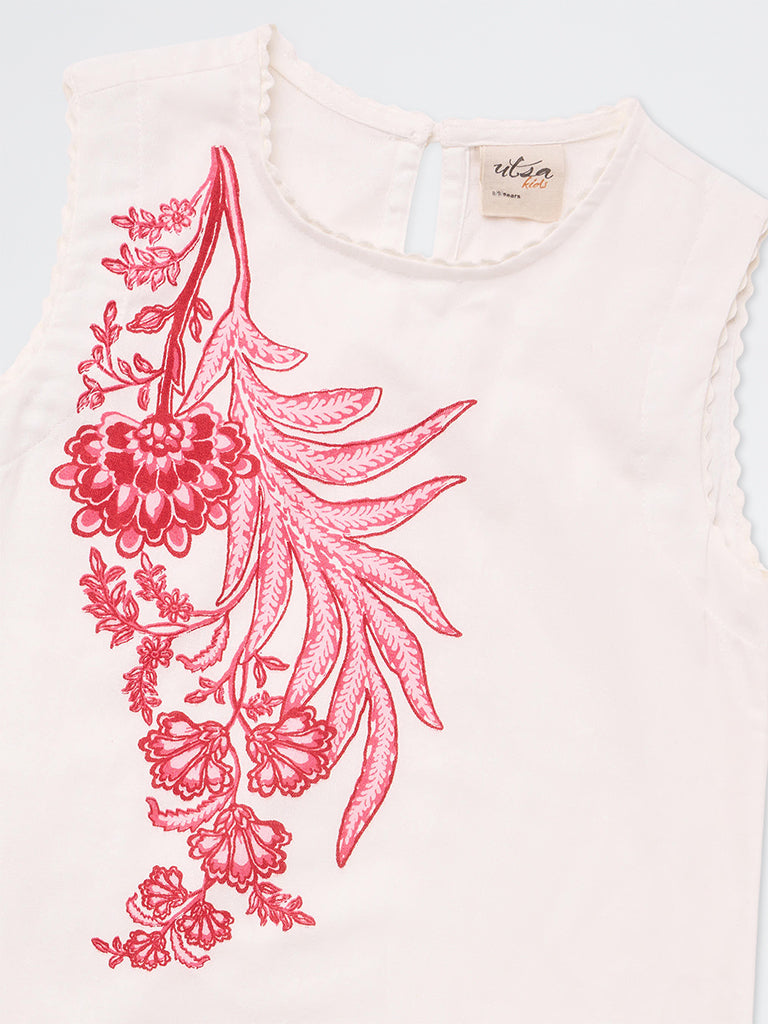 Utsa Kids Girls Pink Floral Embroidered Cotton-Blend A-Line Dress - (2-8 yrs)