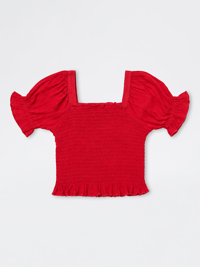 Utsa Kids Girls Red Smocked Top - (8 - 14 yrs)