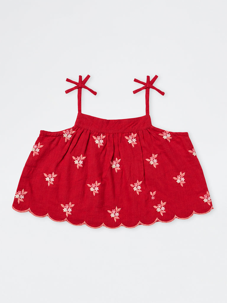 Utsa Kids Girls Red Floral Embroidered Cotton Top - (8-14 yrs)