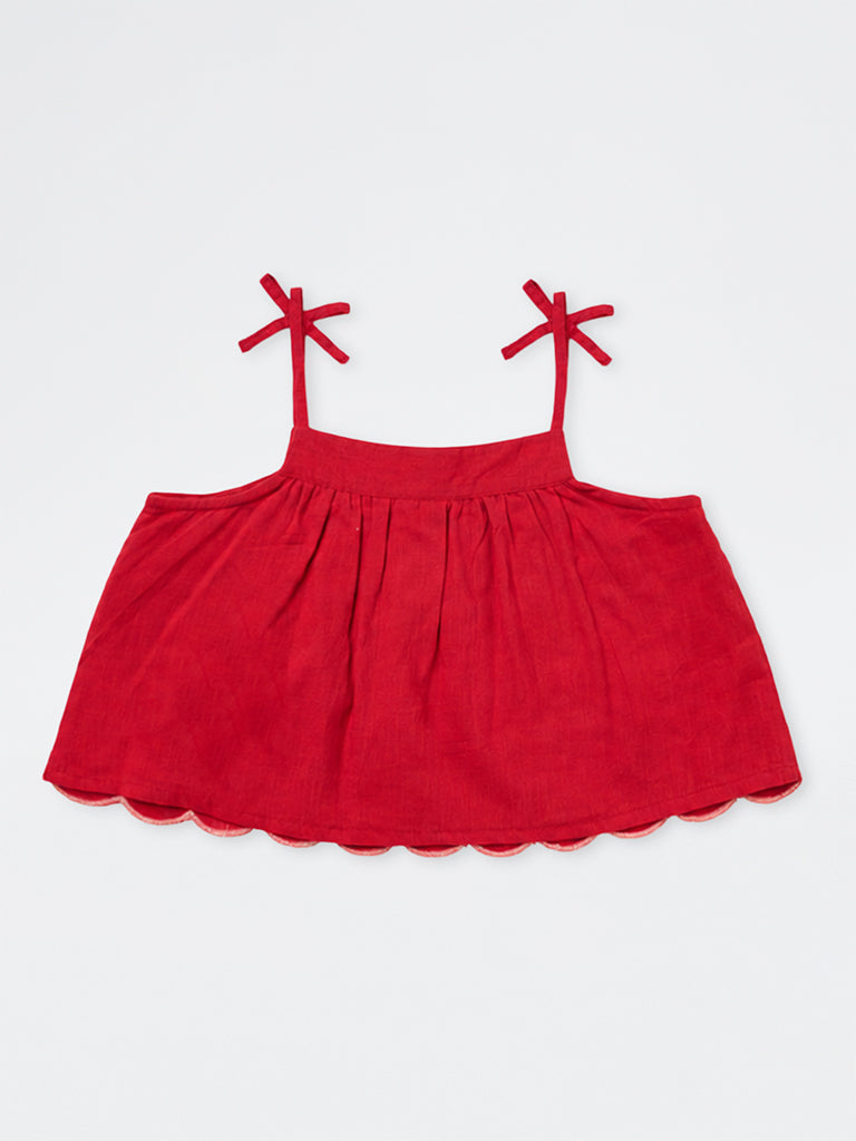 Utsa Kids Girls Red Floral Embroidered Cotton Top - (8-14 yrs)