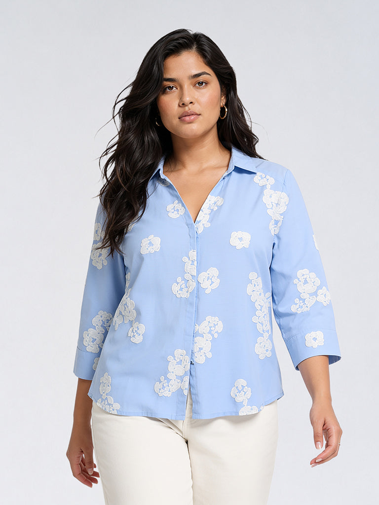 Gia Light Blue Floral Embroidered Shirt