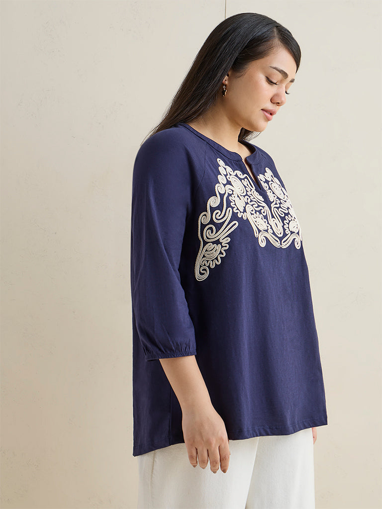 Gia Navy Embroidered Cotton Top