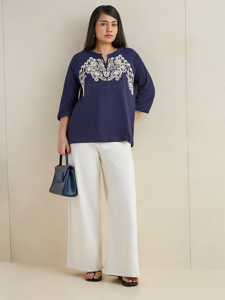Gia Navy Embroidered Cotton Top