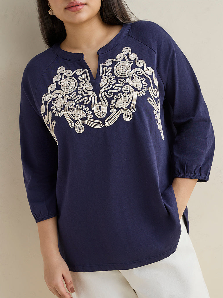 Gia Navy Embroidered Cotton Top