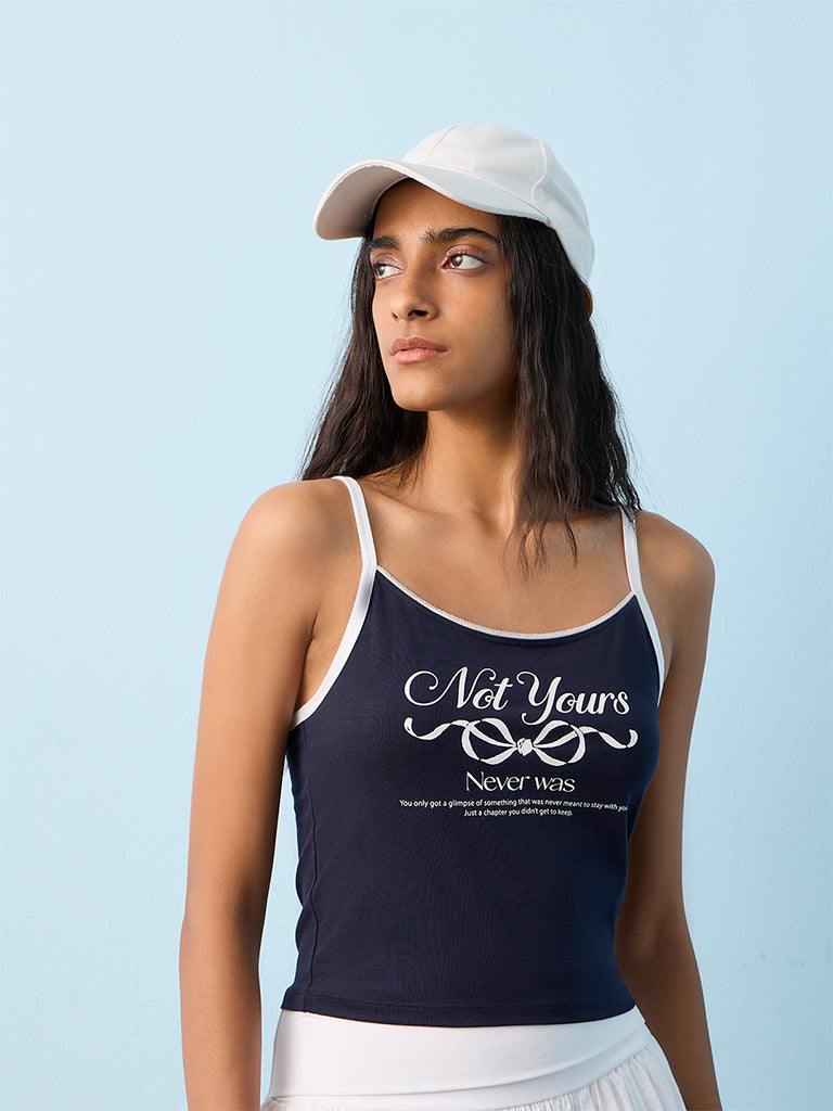 Nuon Navy Text Design Cotton-Blend Top
