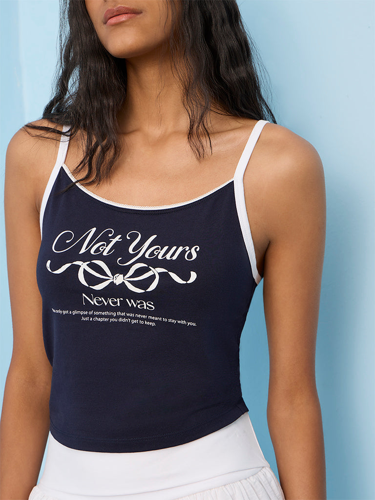Nuon Navy Text Design Cotton-Blend Top