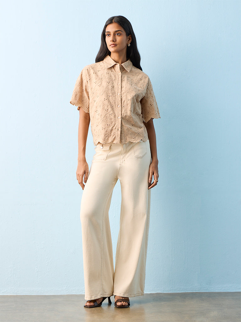 LOV Light Beige Floral Embroidered Cotton Shirt