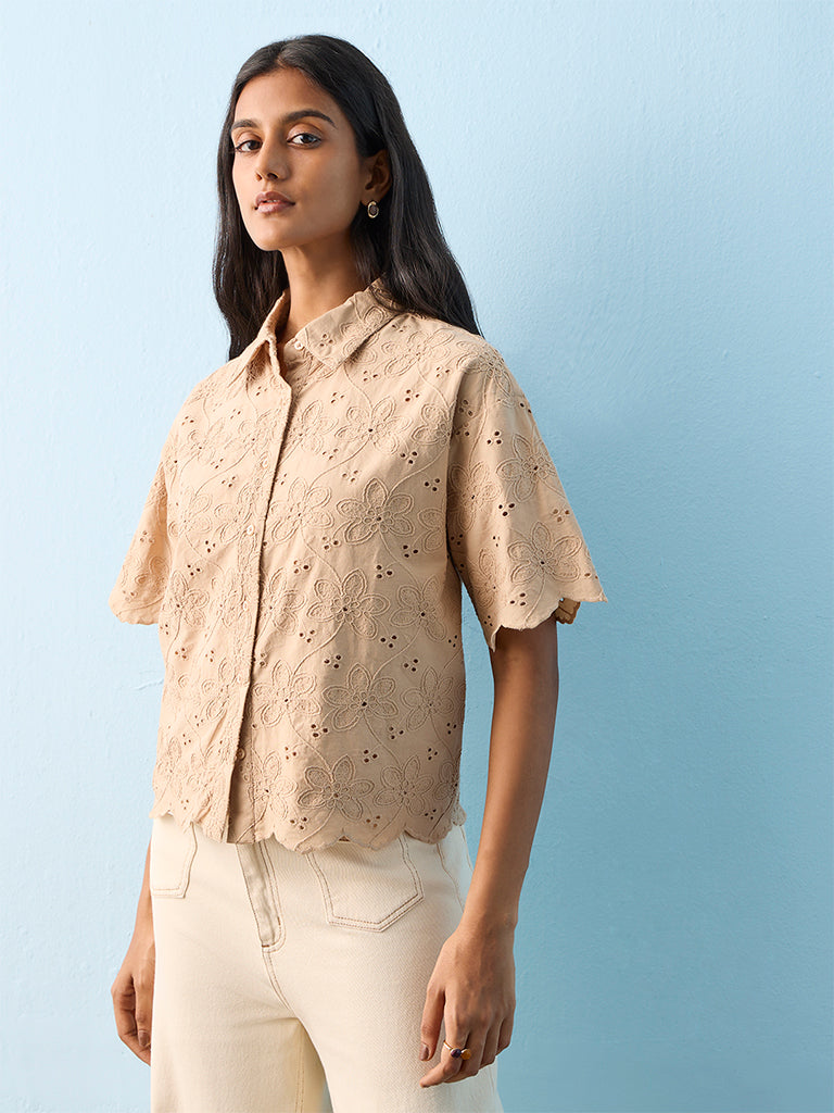 LOV Light Beige Floral Embroidered Cotton Shirt