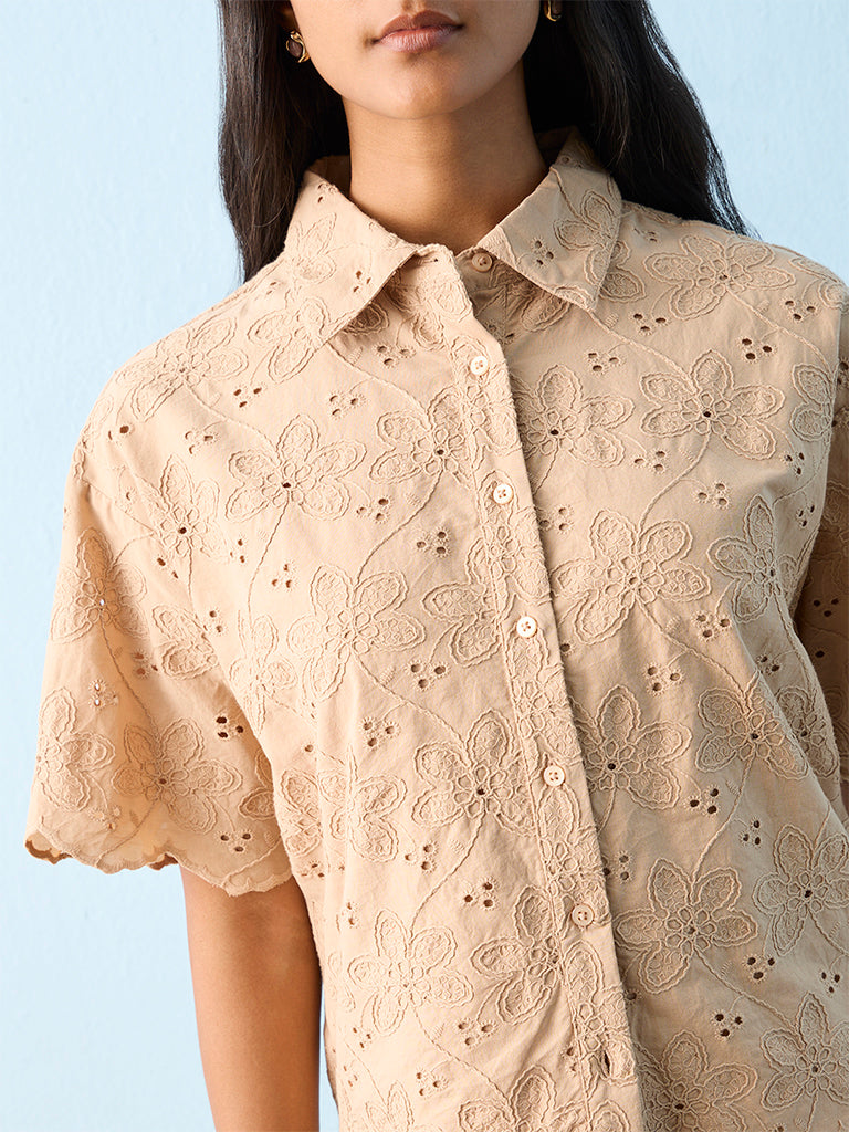 LOV Light Beige Floral Embroidered Cotton Shirt