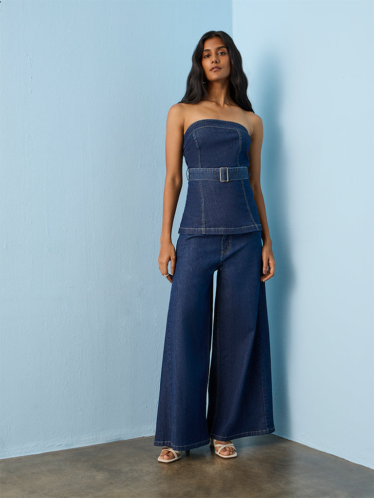 LOV Dark Blue Off-Shoulder Denim Top with Belt