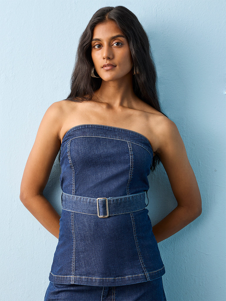 LOV Dark Blue Off-Shoulder Denim Top with Belt