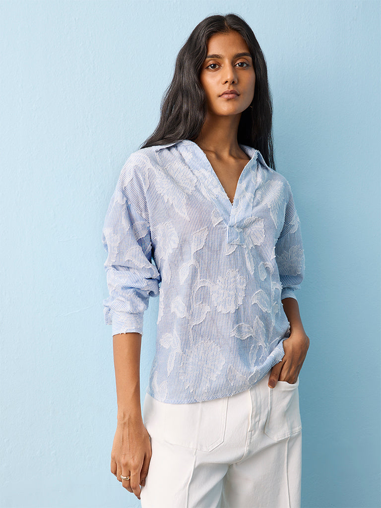 LOV Light Blue Floral Embroidered Blouse