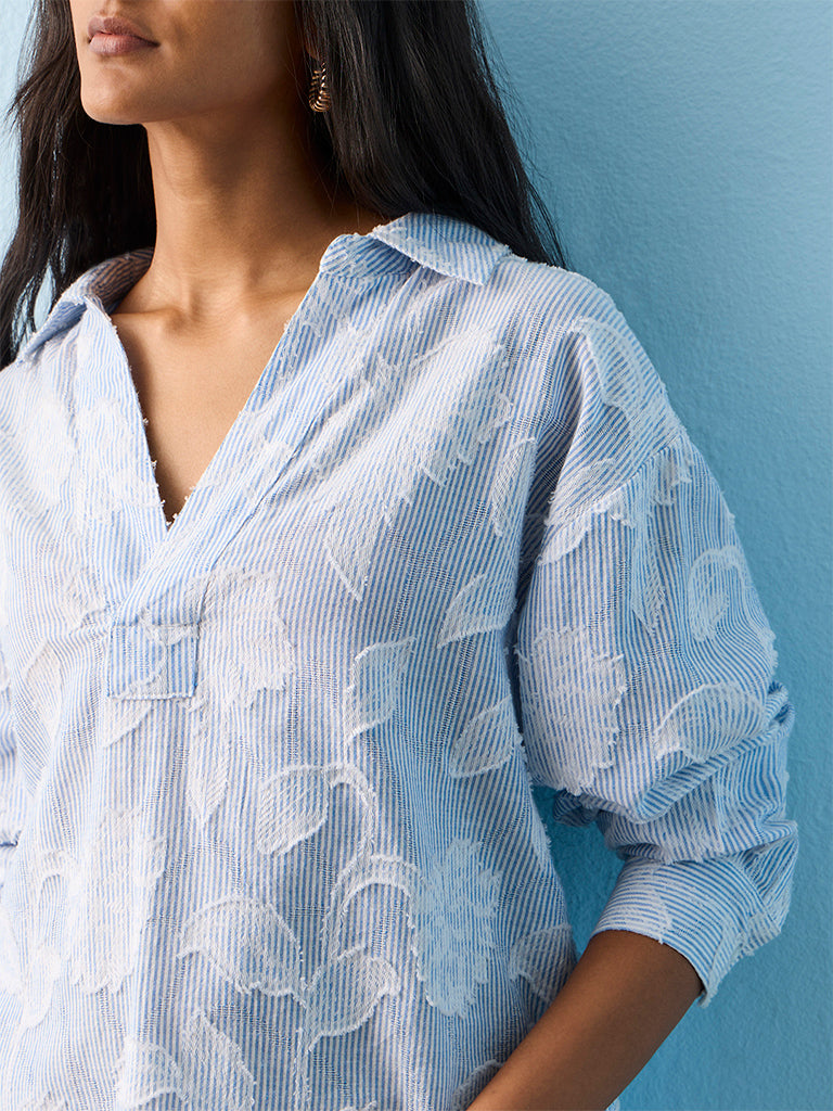 LOV Light Blue Floral Embroidered Blouse