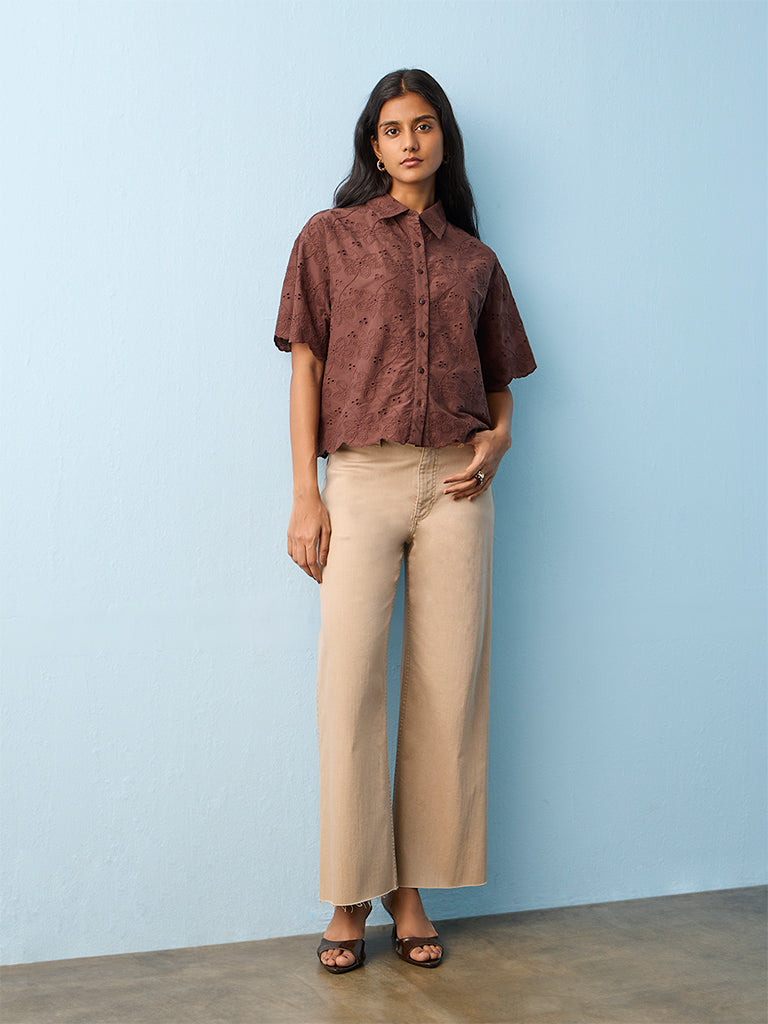 LOV Dark Brown Floral Embroidered Cotton Shirt