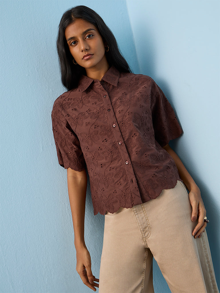 LOV Dark Brown Floral Embroidered Cotton Shirt