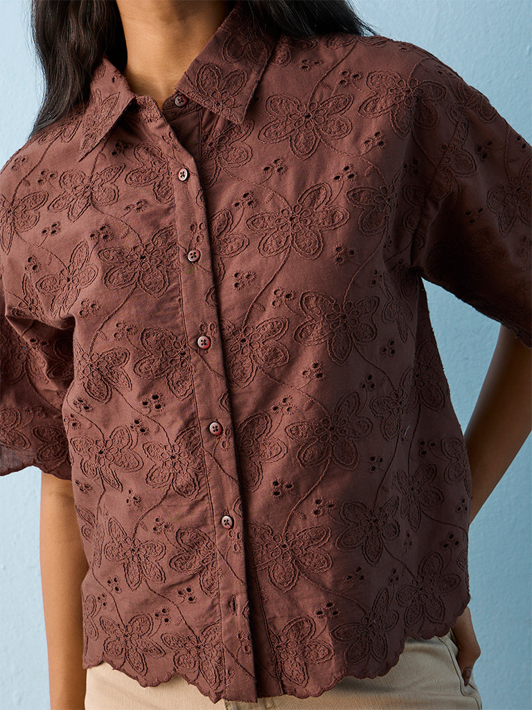 LOV Dark Brown Floral Embroidered Cotton Shirt